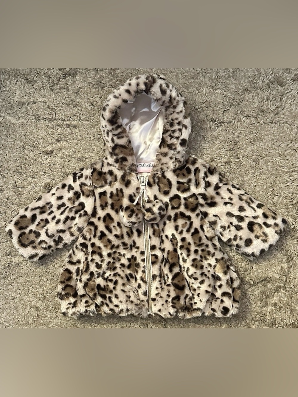 Pistachio Baby Girl 6M Leopard Print Faux Fur Full-Zip Pom Pom Pulls Hooded Coat